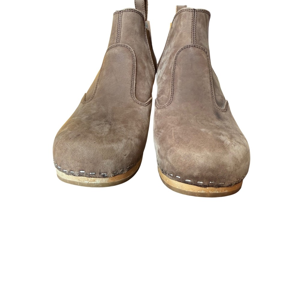 Swedish Hasbeens Clog Boots Women 41 Brown Good Nubuck Leather Wood Heel Chelsea